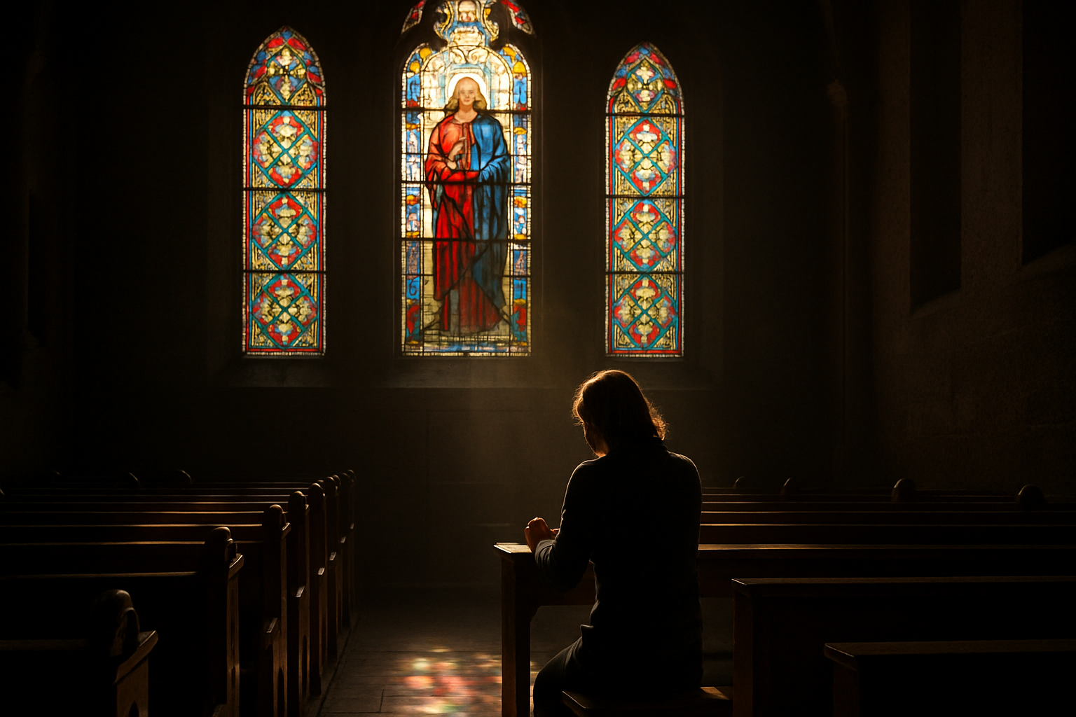 Pessoa ajoelhada em oração solitária em uma igreja iluminada suavemente, simbolizando confissão e busca por perdão.
