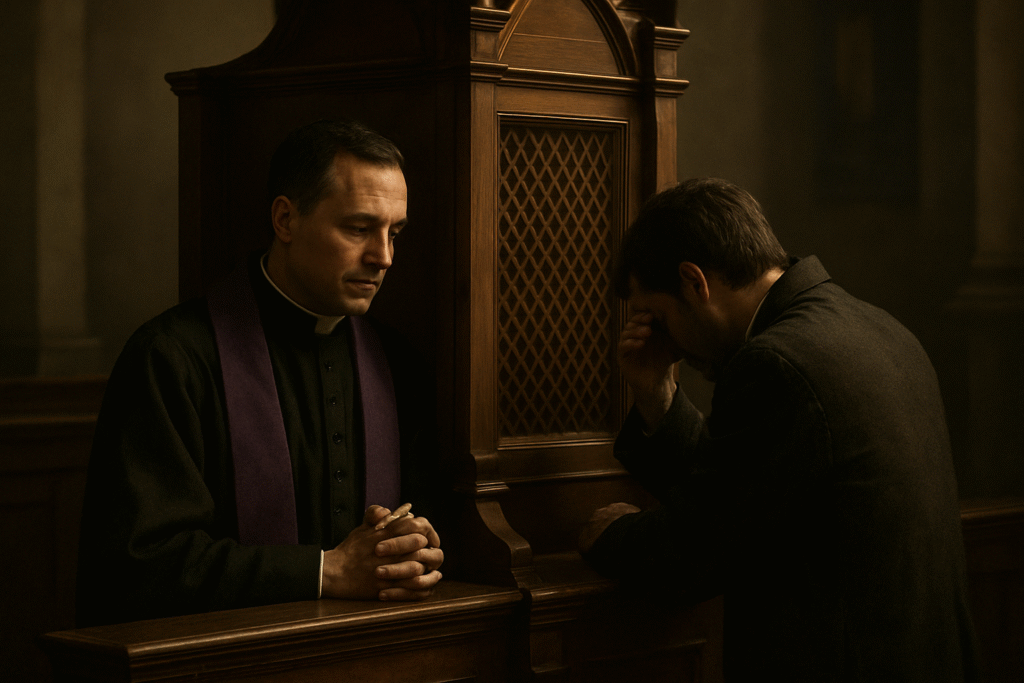 Confessei-te o meu pecado e tu perdoaste minha culpa. Cena de confissão católica tradicional, sacerdote ouvindo com atenção no confessionário