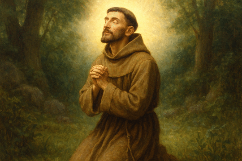 São Francisco de Assis em oração na natureza, exemplo de reconciliação e simplicidade.