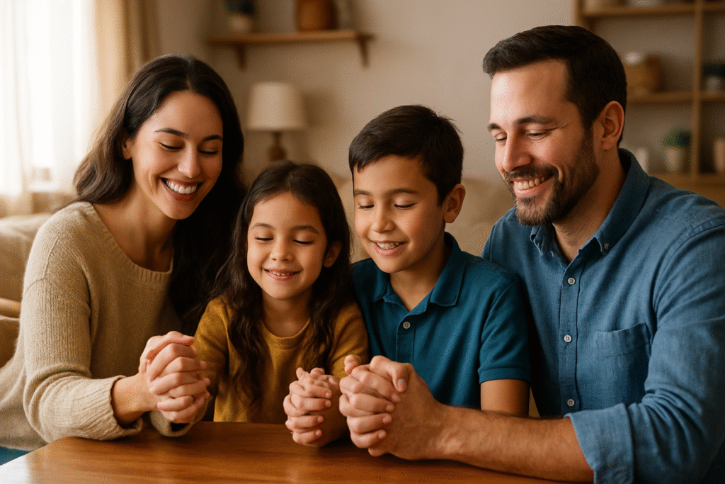 Família orando unida após um momento de perdão e reconciliação espiritual.