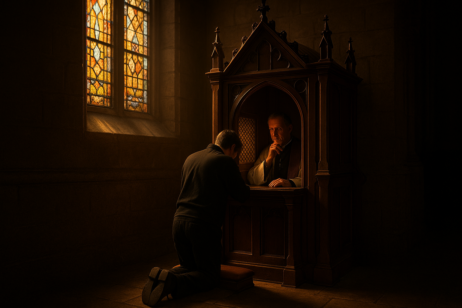 Pessoa em confissão dentro de uma igreja católica iluminada por vitral.