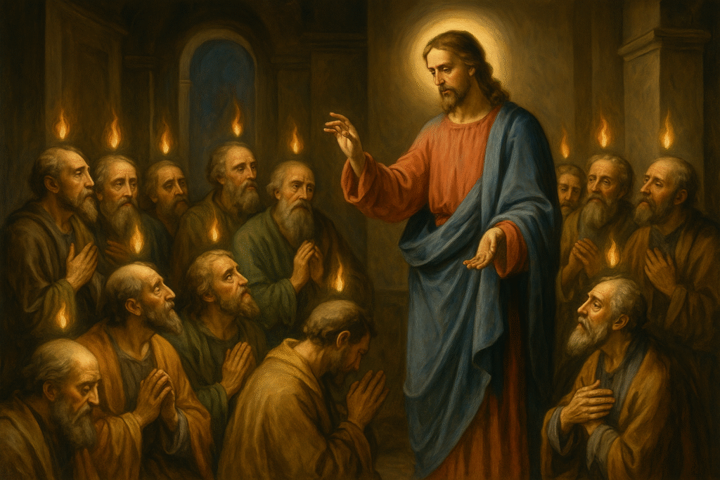 Representação de Jesus entregando o Espírito Santo aos apóstolos.