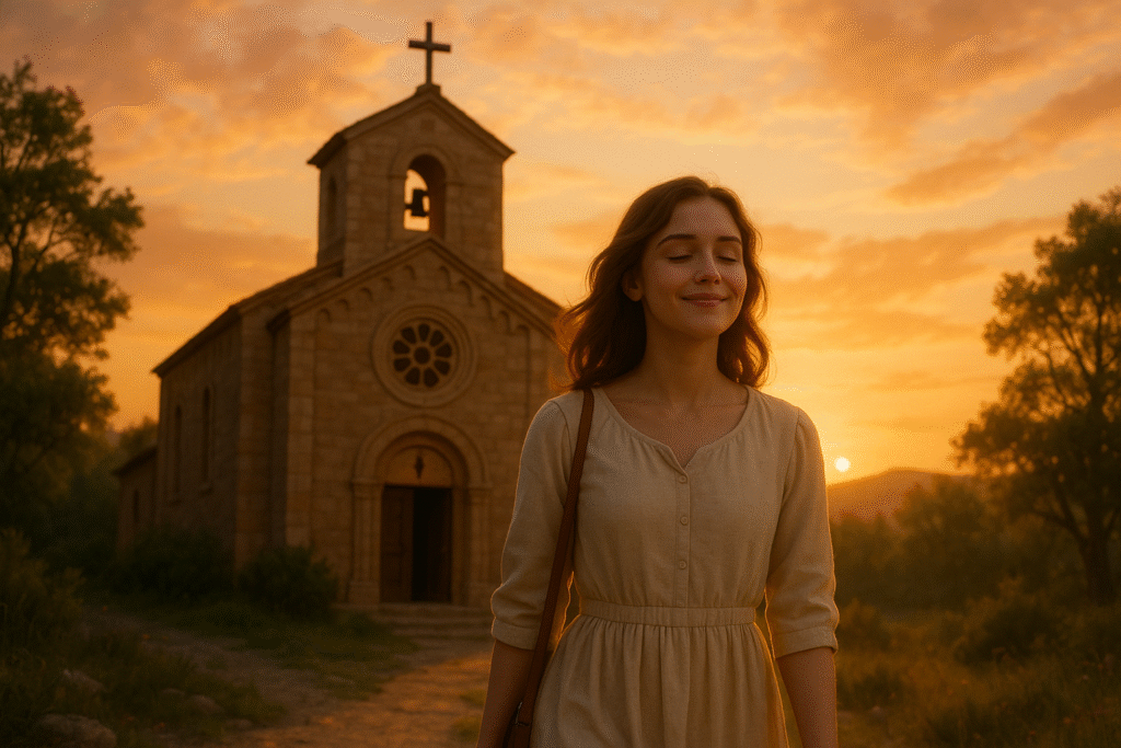 Mulher sorrindo após sair da igreja, em paz e renovada. A força do sacramento da confissão