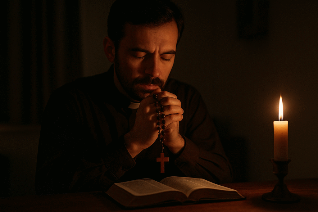 Homem católico em oração fazendo exame de consciência.