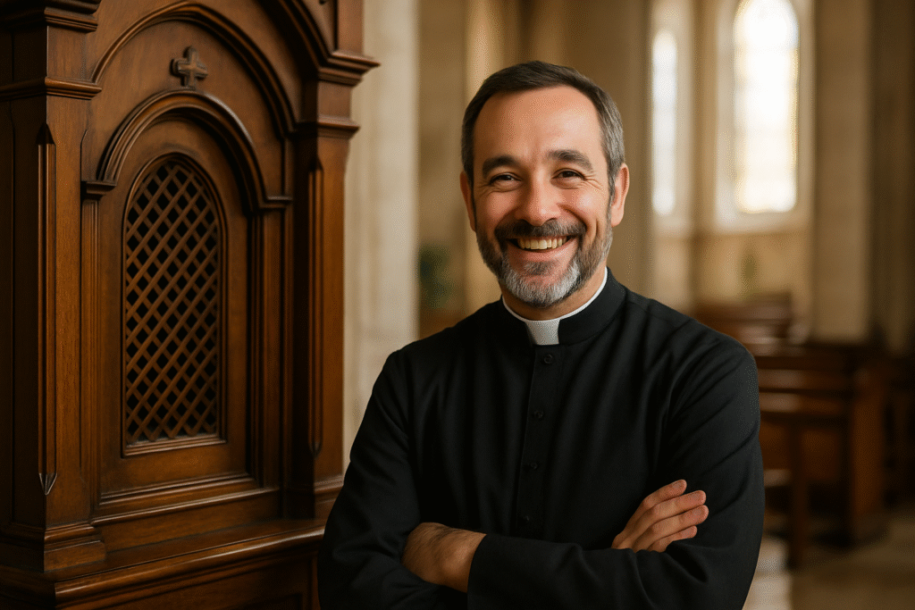 Padre católico sorrindo de forma acolhedora perto do confessionário.
