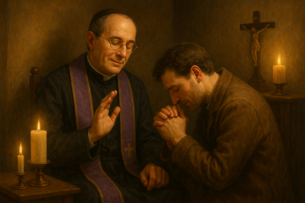 Pedir perdão com coração sincero. Sacerdote oferecendo a confissão, simbolizando a reconciliação com Deus.