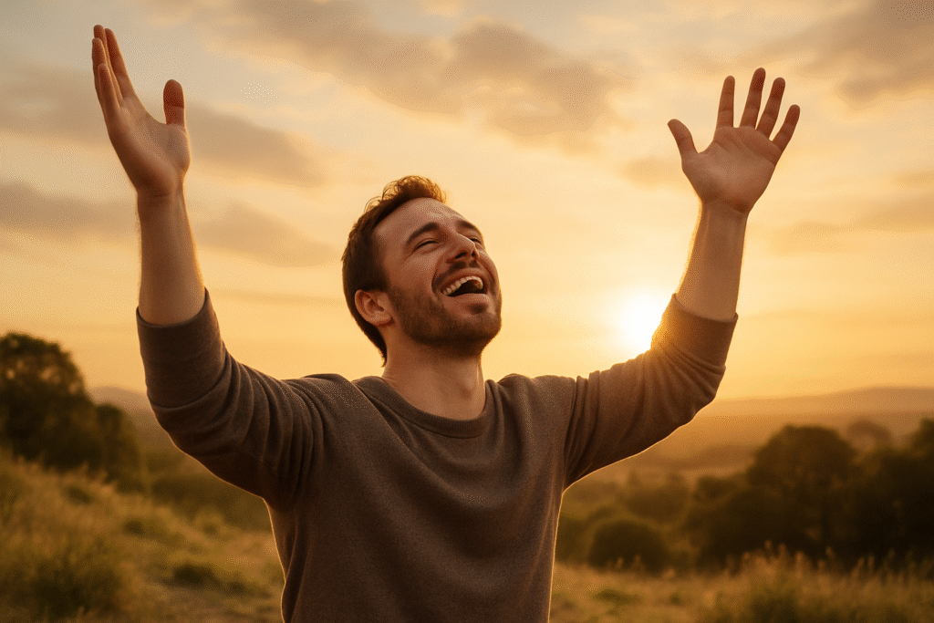  Pessoa recebendo perdão e renovação espiritual, levantando as mãos para o céu.