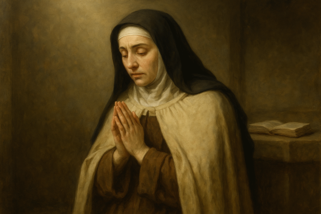 Santa Teresa de Ávila orando, simbolizando humildade e arrependimento no processo de perdão.