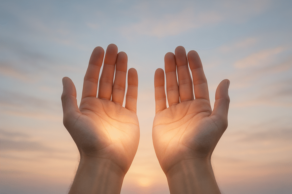Mãos abertas, simbolizando a paz interior e a renovação espiritual através do perdão.