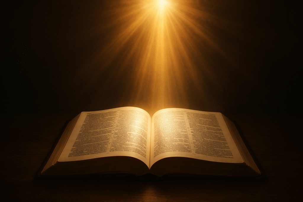 Bíblia aberta iluminada por luz, simbolizando a orientação divina através do amor de Deus.