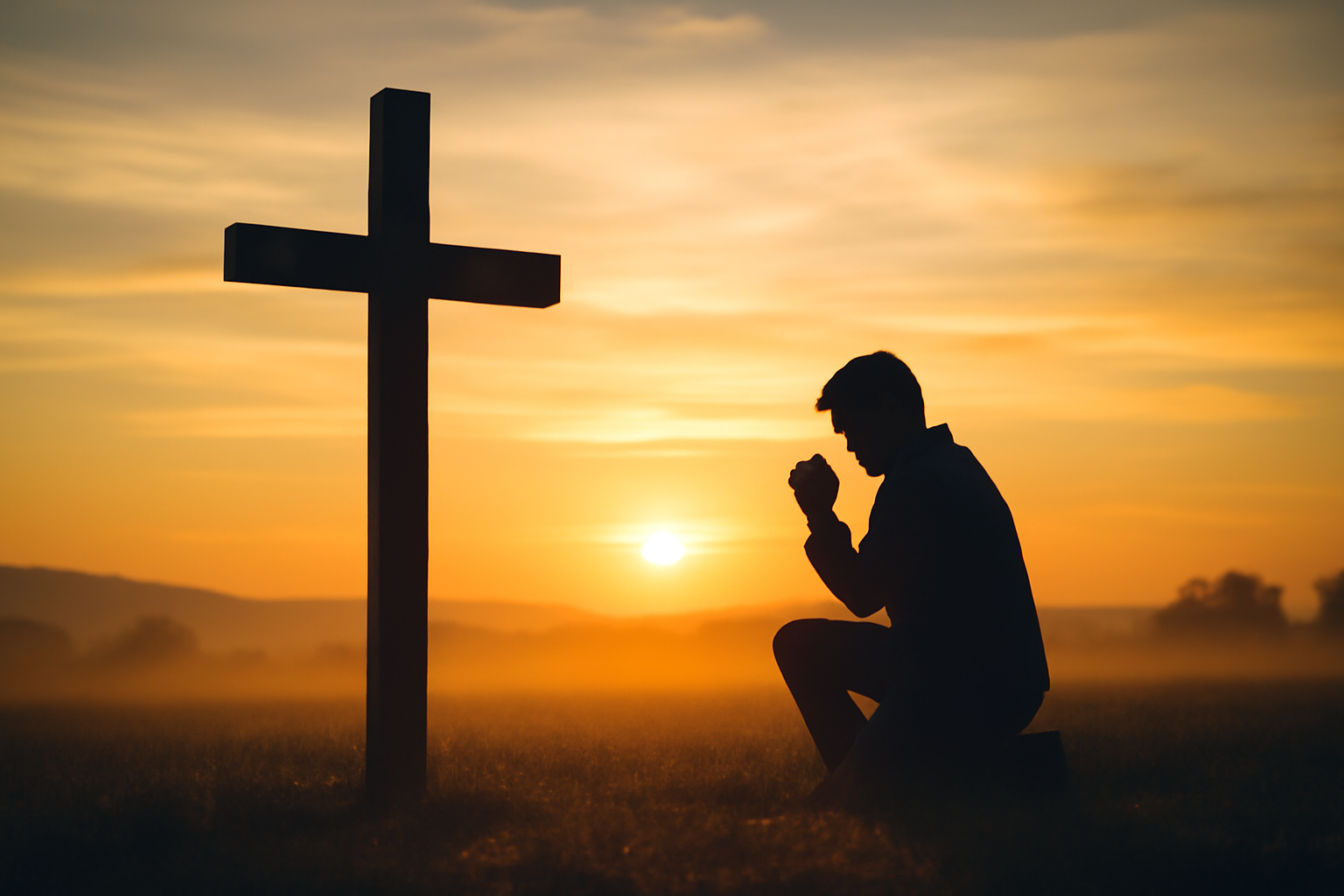 Paisagem serena ao amanhecer com cruz e oração simbolizando o amor de Deus.