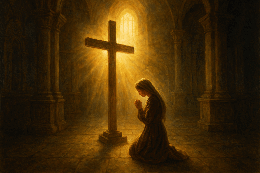 Pessoa recebendo misericórdia e perdão de Deus, ajoelhada diante da cruz. O Senhor é compassivo e misericordioso.