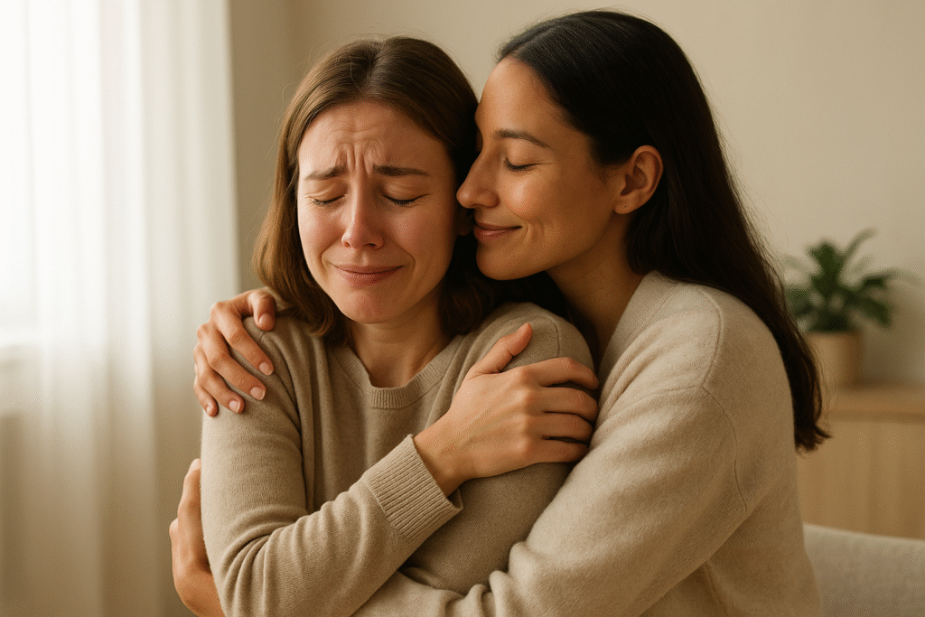 Ato de misericórdia e abraço de perdão, simbolizando restauração emocional.
