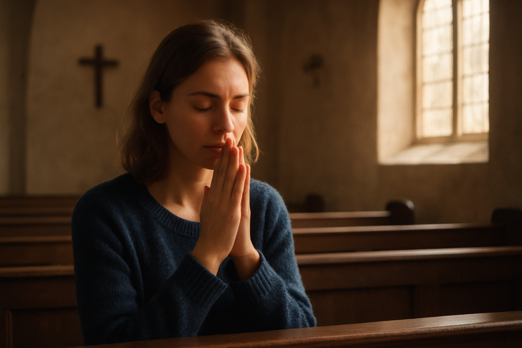 Pessoa orando em busca da misericórdia divina, com luz suave refletindo a conexão espiritual.