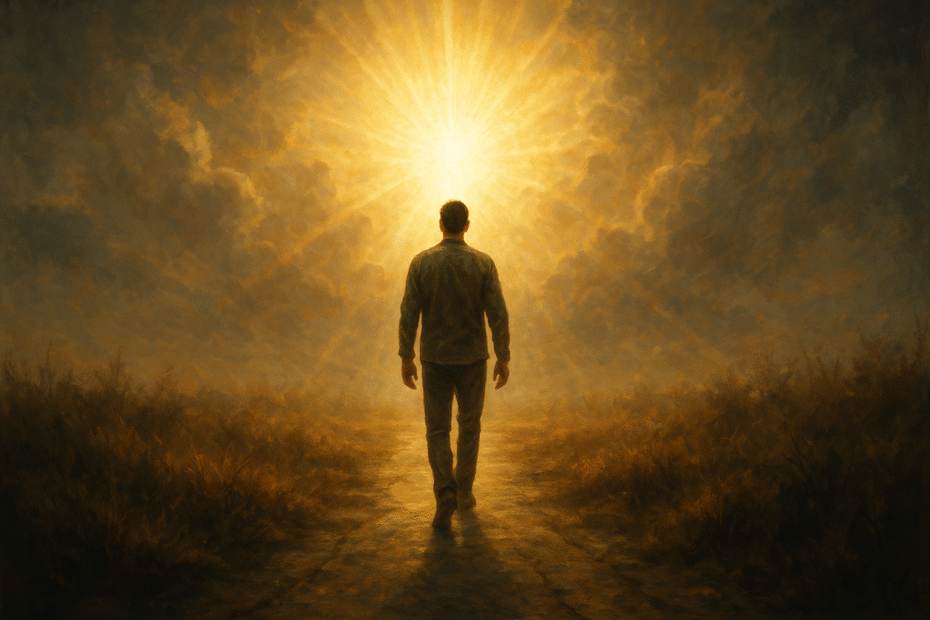 Pessoa caminhando em direção à luz, simbolizando a jornada de fé e a confiança na misericórdia de Deus.