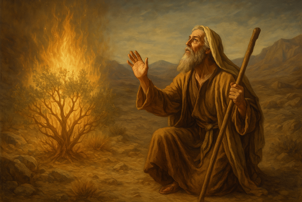 Moisés diante da sarça ardente, simbolizando a misericórdia de Deus no Antigo Testamento. Como a misericórdia de Deus restaura