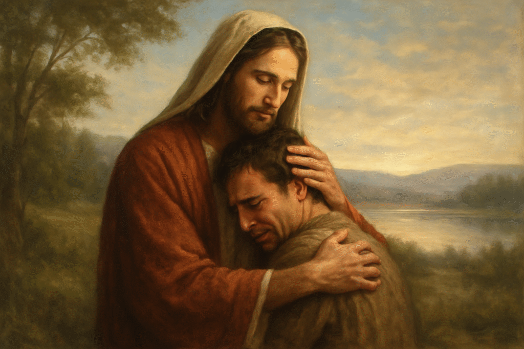 Jesus Cristo demonstrando misericórdia ao perdoar e restaurar uma alma arrependida.