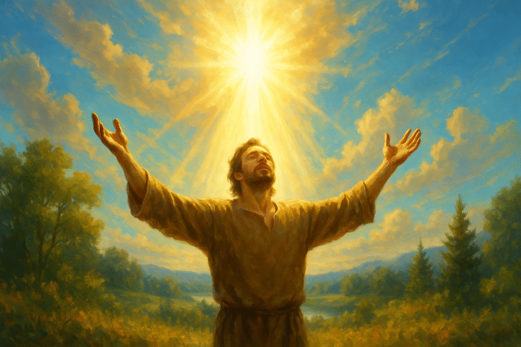 Pessoa recebendo a misericórdia de Deus, com os braços abertos, em um cenário divino e restaurador