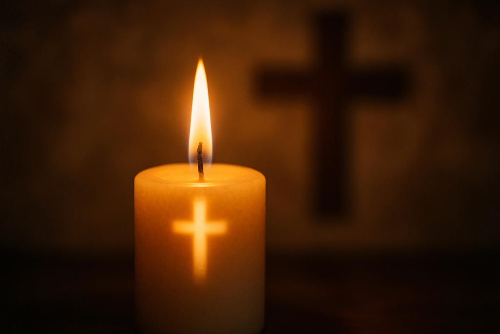 Vela acesa com cruz refletida, simbolizando a luz da misericórdia de Deus que restaura a alma.