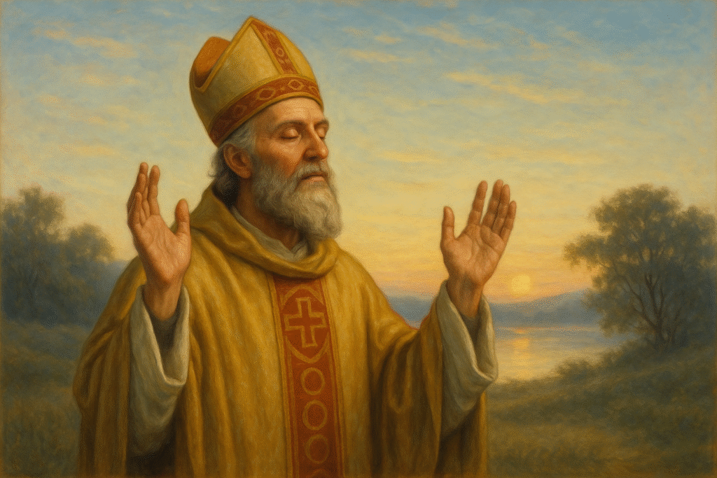 Santo Pedro Crisólogo orando pela misericórdia de Deus em um ambiente sereno