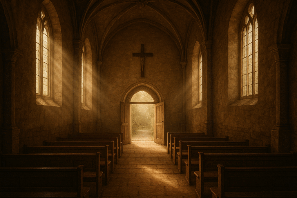 Igreja aberta, simbolizando a caminhada de fé e a misericórdia divina, com foco nos ensinamentos de Santo Pedro Crisólogo