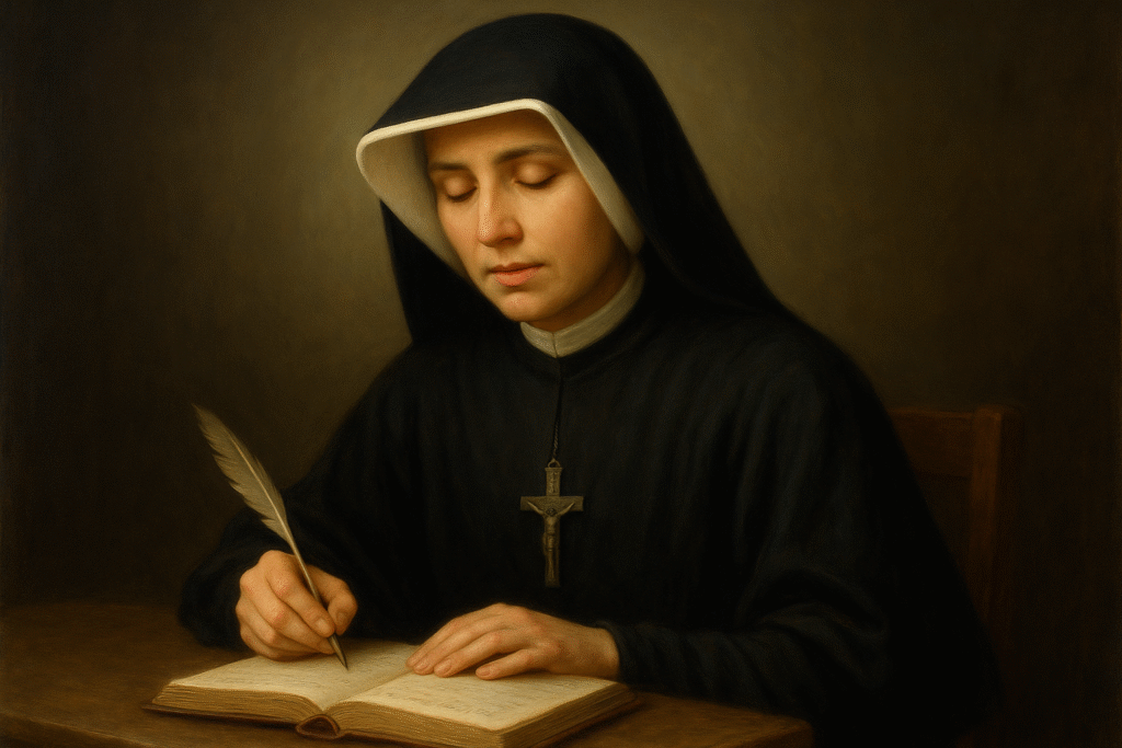 Santa Faustina escrevendo sobre a Oração à Divina Misericórdia