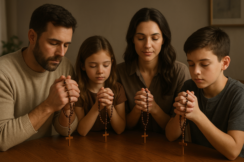 Família rezando a Oração à Divina Misericórdia juntos em casa
