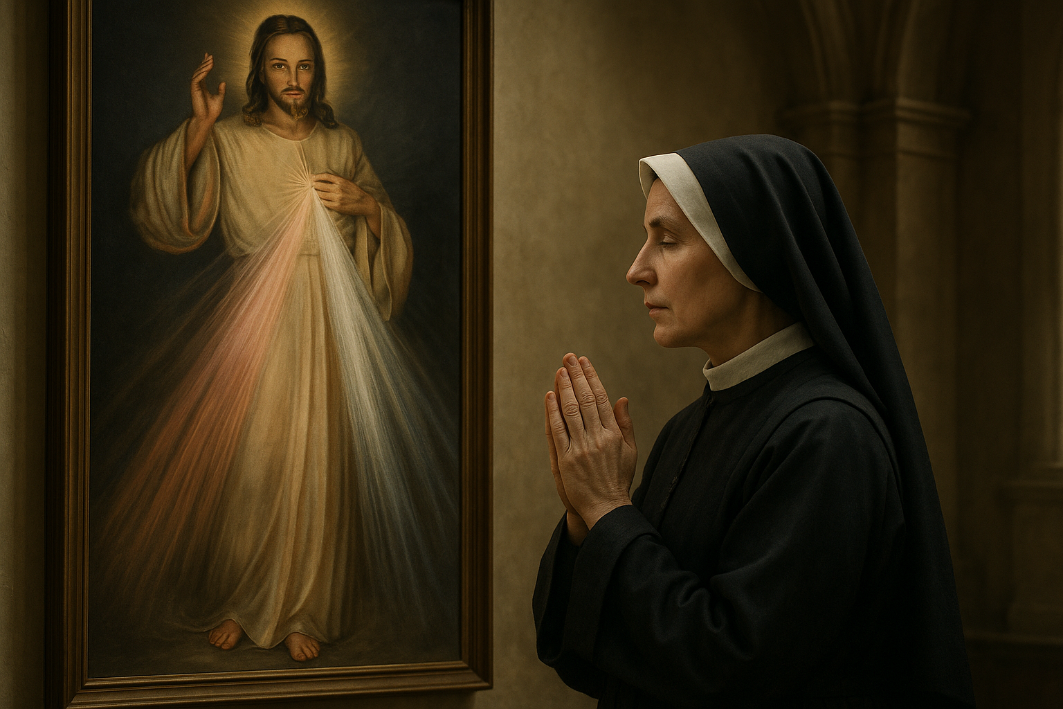 Santa Faustina Kowalska orando diante de Jesus Misericordioso, expressando confiança e devoção