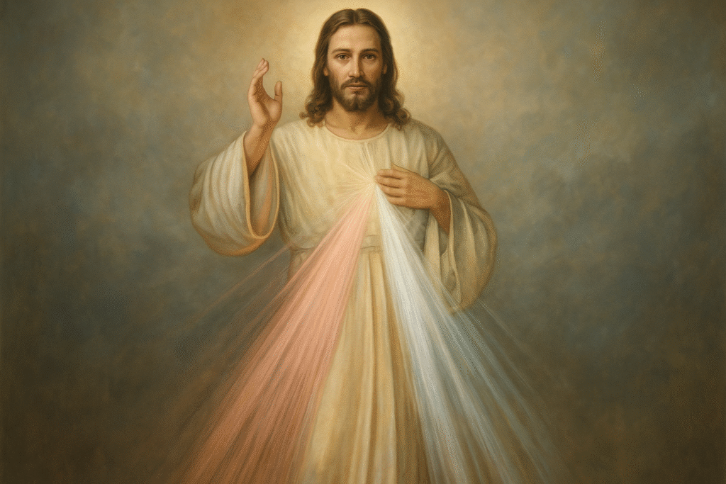 Imagem de Jesus Misericordioso, com raios de luz simbolizando a misericórdia divina.