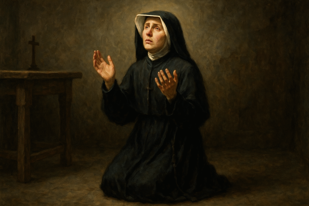 Santa Faustina Kowalska em oração profunda, expressando sua confiança total em Deus mesmo diante do sofrimento