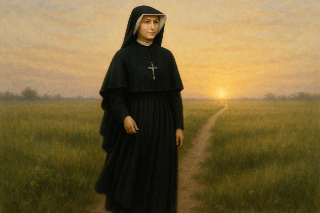 Santa Faustina Kowalska caminhando confiante no caminho de Deus, refletindo a confiança e a fé