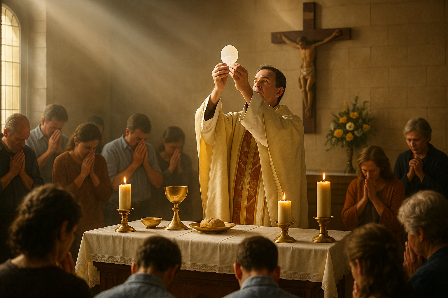 Missa católica com consagração do pão e vinho, destacando a presença real de Cristo