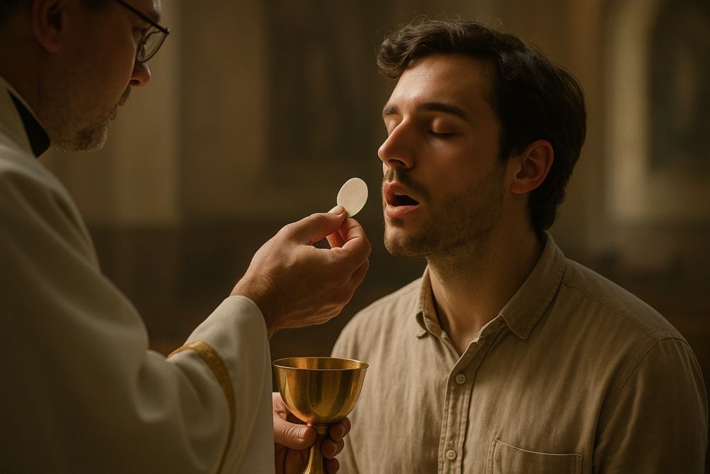 Fiel recebendo a Santa Comunhão, simbolizando a presença real de Cristo na Eucaristia. Isto é o meu corpo, que é dado por vós