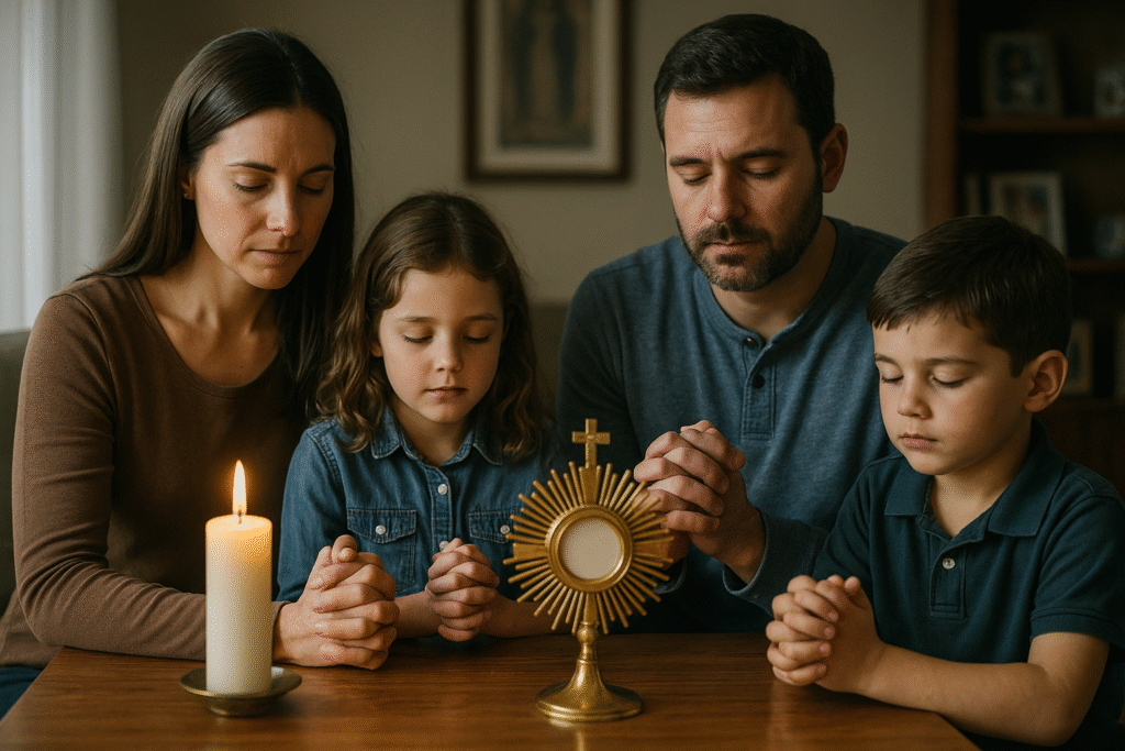 Família católica orando em casa, vivendo a presença real de Cristo no dia a dia."