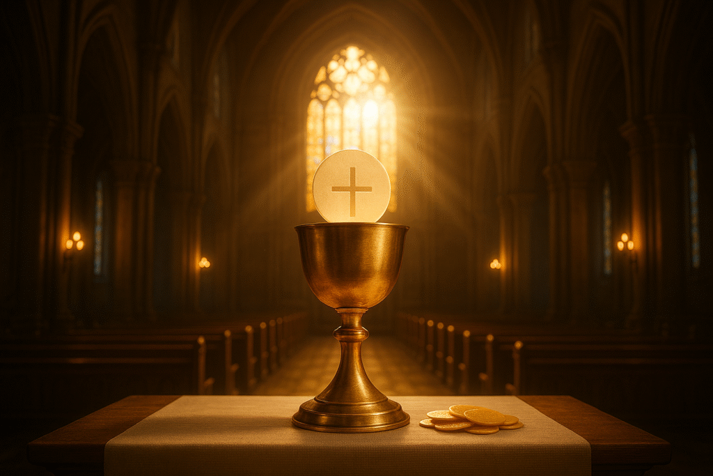 Igreja iluminada com cálice e hóstia sobre o altar, simbolizando o sacrifício de Cristo na Eucaristia