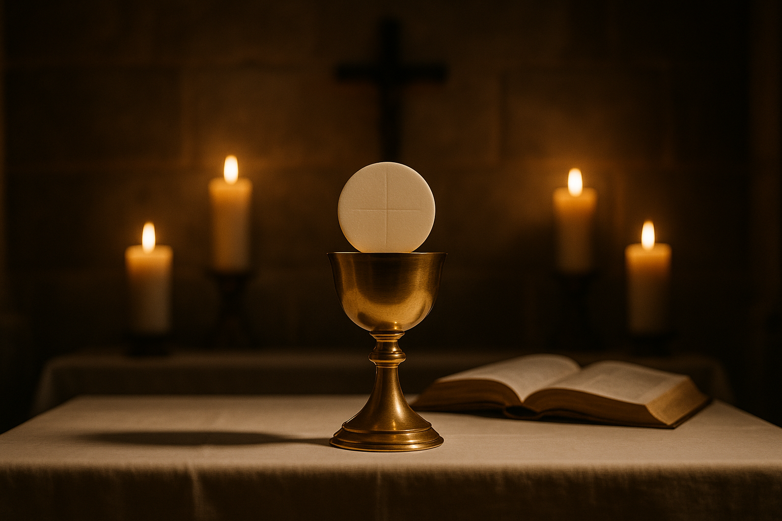 Altar católico com cálice e hostia, representando a força transformadora da Eucaristia.