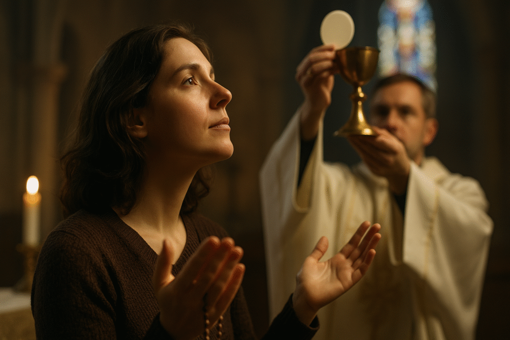 Pessoa orando durante a Missa, vivenciando o encontro pessoal com Jesus na Eucaristia