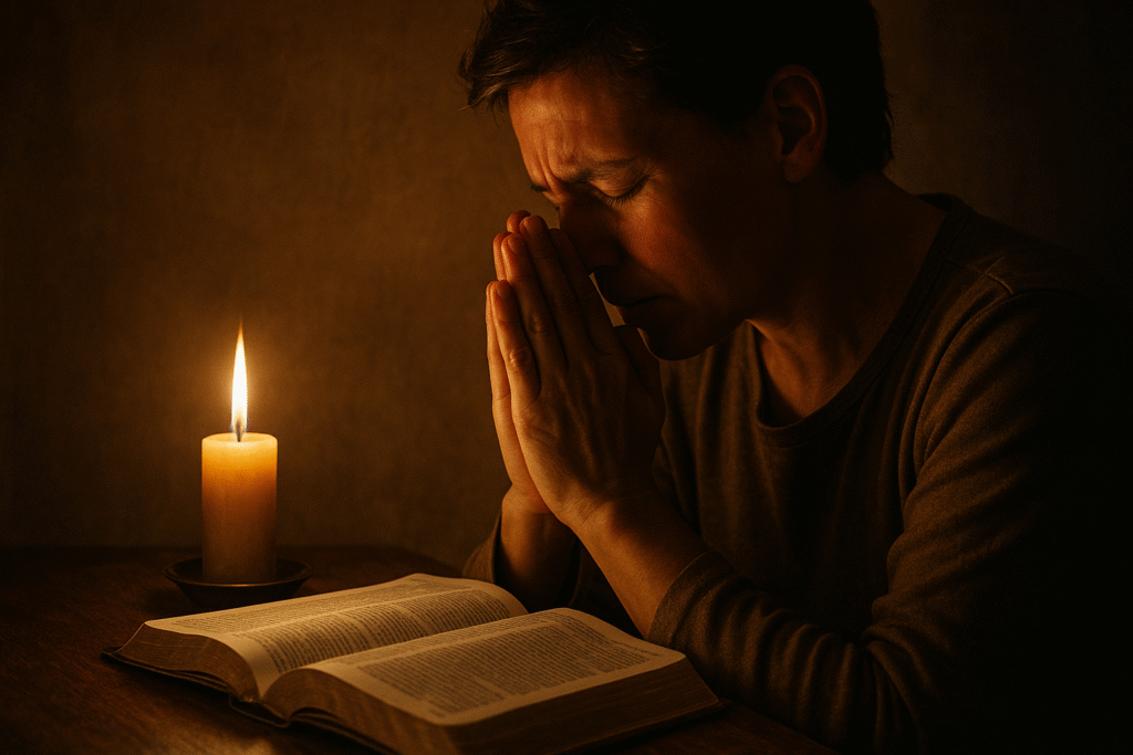 Pessoa em oração diante de uma vela e Bíblia, simbolizando renovação espiritual após a Eucaristia.
