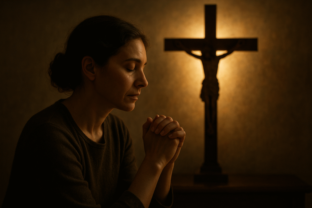 Pessoa meditando diante do crucifixo, refletindo sobre a força transformadora da Eucaristia