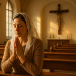Mulher católica em oração silenciosa pedindo humildade e abandono em Deus