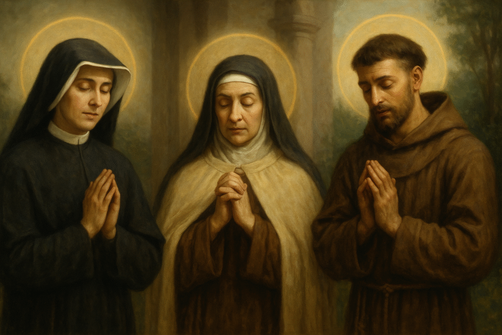 Santa Faustina, Santa Teresa e São Francisco em oração confiante e humilde