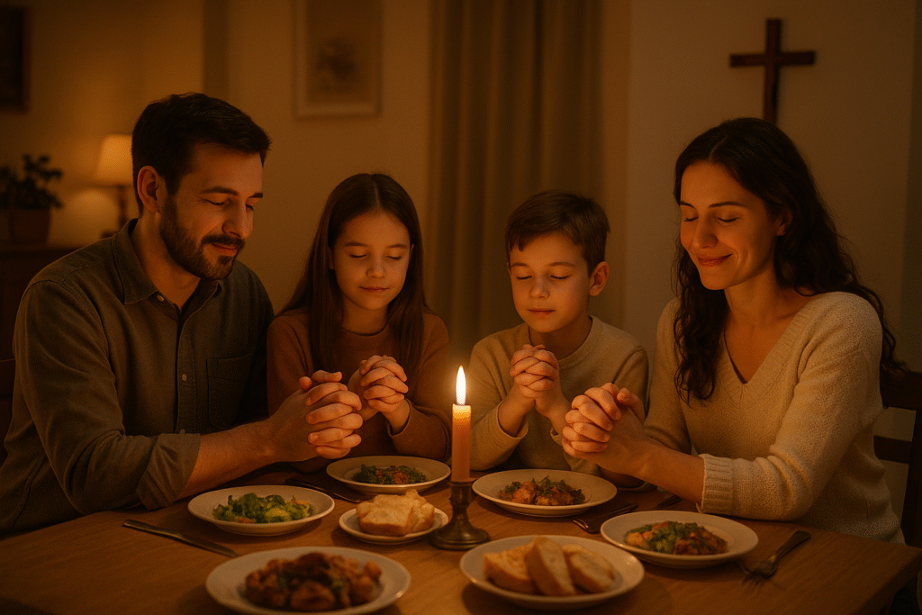 Família católica orando junta como prática diária de fé e confiança em Deus