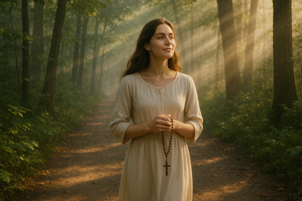 Mulher jovem caminhando em paz com terço na mão, símbolo de fé e abandono. para pedir humildade e abandono em Deus