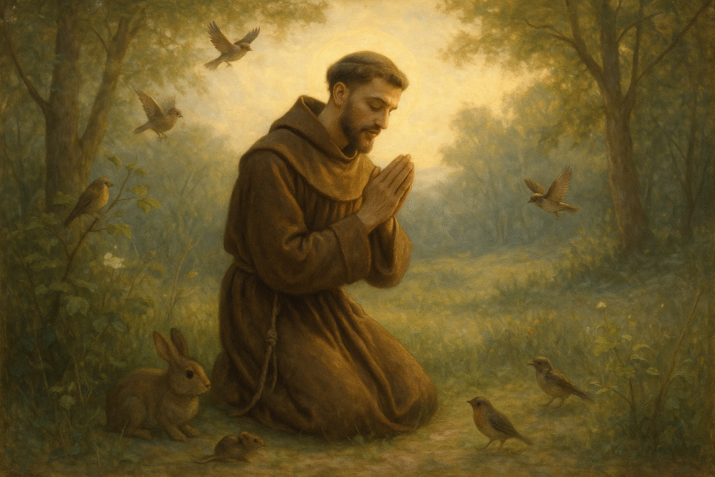São Francisco de Assis orando em meio à natureza.