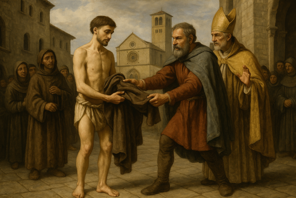 São Francisco de Assis – mestre da humildade renunciando às riquezas diante do pai.