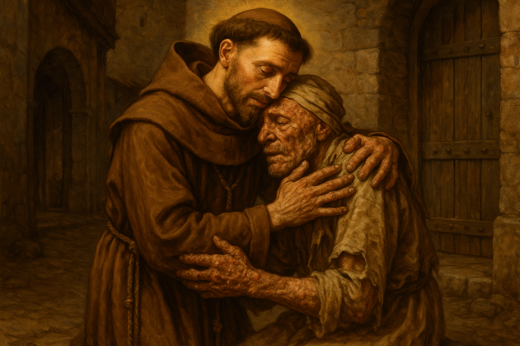 São Francisco abraçando um leproso como sinal de humildade.