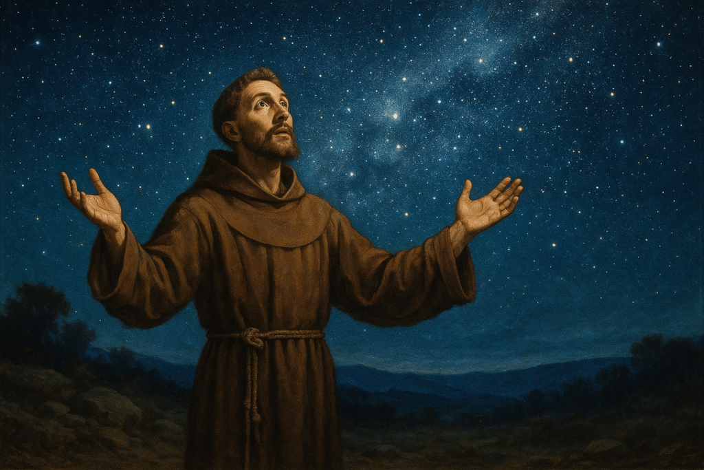 São Francisco rezando sob o céu estrelado em confiança a Deus.