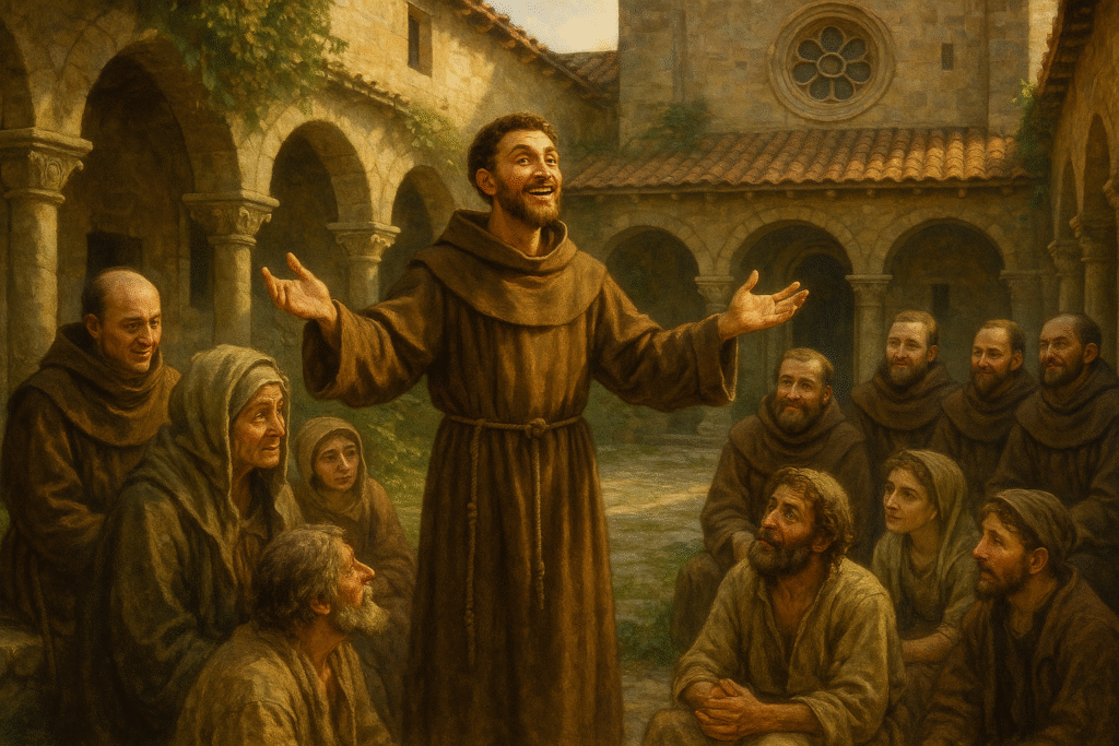 São Francisco ensinando frades e pobres com alegria.