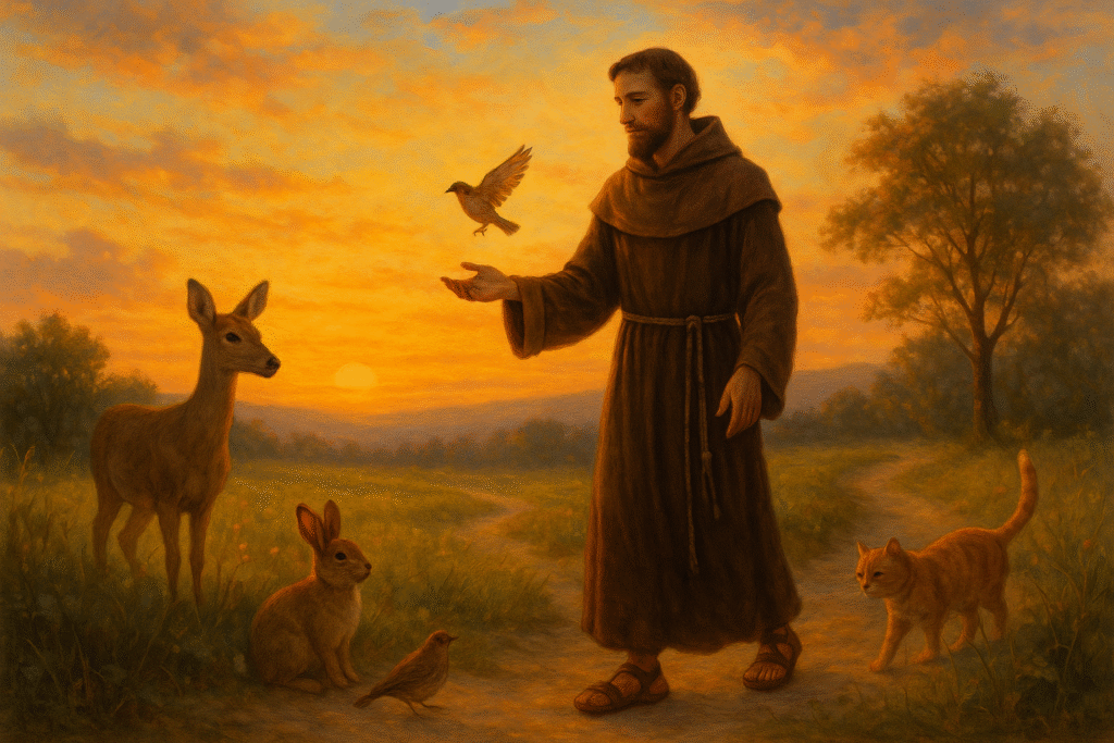São Francisco caminhando ao pôr do sol rodeado de animais.