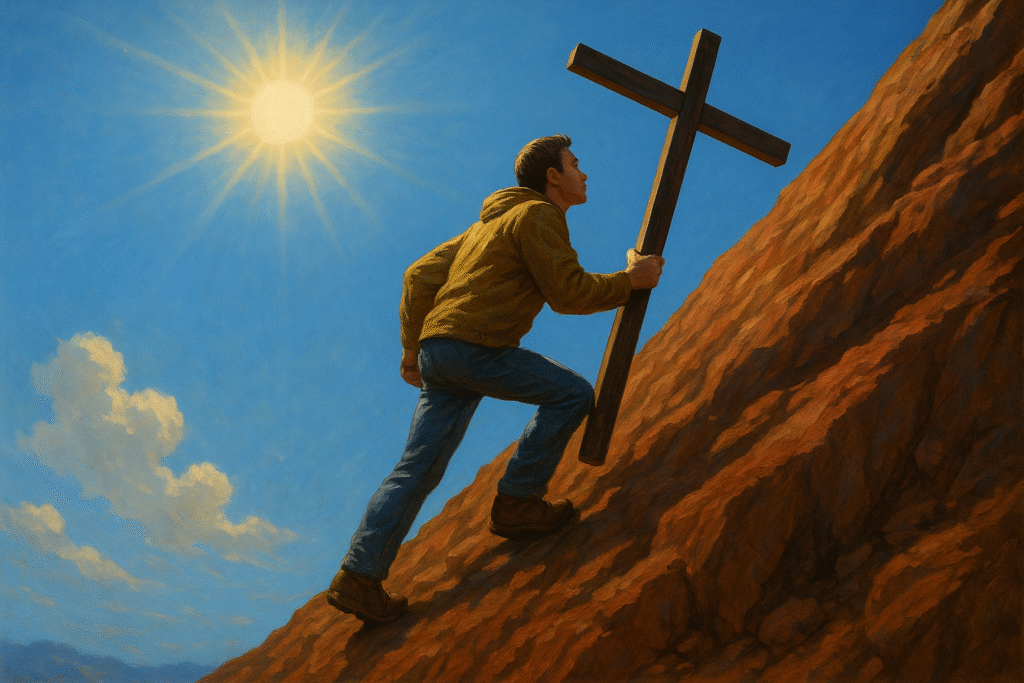 Pessoa subindo montanha, simbolizando superação através da força de Cristo. Frases bíblicas de motivação